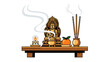© masss - Buddhist Altar with Buddha Statue, Incense, and Offerings - Vector Illustration.
