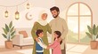 © Afdal - Muslim family with kids standing in a cozy living room interior