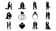 © Pronab - Silhouette collection of romantic couples embracing and proposing with engagement rings and hearts vector icons for love and wedding themes
