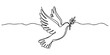 © Gerish - Continuous one line drawing of a flying dove bird with an olive branch, symbolizing peace, freedom, minimalist vector art design, minimalist dove line art holding olive branch symbolizing peace style.