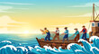 © Indah - Fishermen casting a net from a boat on the sea at sunset, a scene of traditional maritime livelihood and hard work