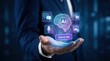 © Sukon - Highlighting artificial intelligence, a businessman displays AI technology icons such as chatbot, voice assistant, and image generation, driving digital transformation and innovation in business.