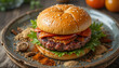 © Roman - A burger sits on a plate with pepperoni and lettuce. Spices are arranged around the plate. Fresh vegetables are also present. It is a bright kitchen environment