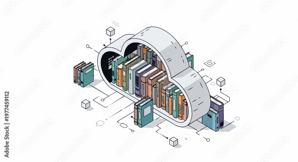 Isometric Cloud Library and Digital Books Illustration for Online ...