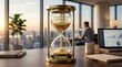 © Raj - Hourglass with golden sand countdown to retirement in five years sits on office desk symbolizing time management and life goals