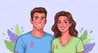 © Sam - Man and woman with visible skin inflammation wear pink ribbons to advocate for breast cancer research.