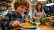 © Maksym Tereshchenko - Young boy measuring portions on plate using visual guide card, parent supervising nearby in modest kitchen, healthy meal preparation under warm overhead lighting, perfect for child