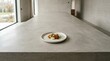 © VideoHub - Wide composition with a single plate centered on a large empty table surface under even soft lighting creating a strong sense of