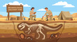 © xie - An engaging illustration depicting archaeologists unearthing dinosaur fossils in a desolate landscape, showcasing an exciting moment of scientific discovery and exploration.