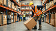 © Xenia - Warehouse worker experiencing lower back pain while lifting a heavy box. Male employee in a hard hat and safety vest grimacing from a muscle strain. Occupational hazard and workplace injury concept