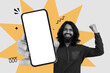 © Prostock-studio - A man stands with a blank phone in his hand. He smiles broadly and raises his fist in excitement. The background features bright shapes in yellow and black.