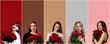 © New Africa - Gorgeous women with bouquets of red roses on colorful backgrounds. Collection of portraits
