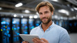 © Helga - IT engineer working in server room, data center technician with tablet, network infrastructure management, cybersecurity operations, cloud computing maintenance, modern technology