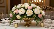 © hitomi - 白いバラとピンクの豪華な花が咲き誇るエレガントな卓上飾り 柔らかな照明が輝く上品な披露宴の準備風景. AI Generated