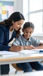 © Fajr Studio - Teacher helping young student with schoolwork in classroom.