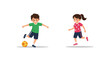 © Avra - Children playing soccer, a boy kicking a ball and a girl running on a white background