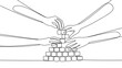 © fatimatz - Unified hands in a continuous line illustration carefully construct a pyramid from individual square blocks
