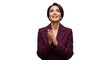 © MopoWe - Professional woman looking up and smiling with hands clasped wearing a burgundy blazer while posing against a white background for a corporate portrait