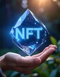 © Cyros - Hand holding glowing NFT crystal, representing digital ownership and blockchain technology.