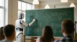 © Hypnyo - AI in education concept, robot teacher writing physics equations on classroom chalkboard. Future of learning and artificial intelligence integration in academic school settings.