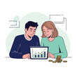© Ahlun Stock - Modern flat design showing a young couple analyzing financial growth on a digital tablet, symbolizing successful investment strategies, wealth management, and prosperity
