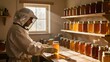 © TJAYZ - 89. A beekeeper's workshop at afternoon where rich warm golden sunlight flows through a small window and fills the room with amber tones matching the color of honey in glass jars on the shelf, artisan