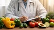 © Nur - Medical professional analyzing fresh vegetables and fruits including bell peppers tomatoes avocados and cucumbers for nutrition health assessment in clinic or lab setting