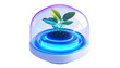 © Kunci - Plant sprout growing inside futuristic dome with glowing neon platform on dark backdrop