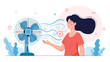 © Tarek - Happy woman enjoys the cool breeze from an electric fan to escape the summer heat and feel comfortable in a hot indoor environment.