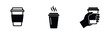 © Lili - Set of minimalist black icons featuring disposable coffee cups, one with steam and another held by a hand. Perfect for cafe branding and web design.
