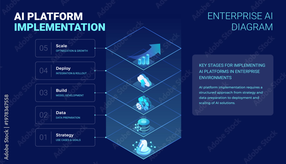 AI Platform Implementation diagram illustrating 5 stages Strategy, Data ...