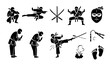 © GULSHAN - Black ninja and martial arts silhouette vector icons with fighting poses and weapon symbols