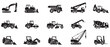 © Jeremy_Show - Set of construction machines. Construction transport icons. Collection of black construction vehicle icons including excavators bulldozers cranes and dump trucks isolated on white background. Vector I