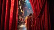 © Haru - backstage. Stage curtains with performers in sparkling costumes waiting in wings, theatrical lighting. event programs, museum guides, designed for cultural heritage projects and event programs.