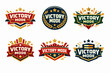© IJ-studio - Gaming victory mode logos set with badges, shields, ribbons, and stars celebrating achievement and competition success
