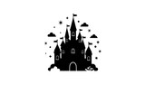 Fairytale Magic Castle Silhouette with Stars and Clouds Fantasy Kingdom Vector