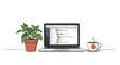 © Rani - Workspace setup with laptop displaying code, potted plant, and coffee cup.