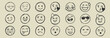 © SkArman - Face emoji icon set. Hand drawn doodle sketch style happy, angry, sad mood face emoticon background. Funny cartoon characters smile, wink, kiss emoji. Cute circle emotion element. Vector illustration