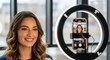 © Peyek - Woman smiling while recording video with ring light.