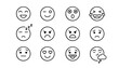 © Ejiii - A comprehensive set of expressive line art emoji icons, depicting various human feelings and reactions such as happiness, surprise, and sadness, suitable for digital media and conveying sentiment