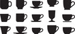 © Misho x Mamun - Coffee cup silhouettes collection, various mug and teacup shapes with saucers, hot beverage drinkware set  Silhouette  vector illustration with out background.