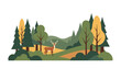 © Petrus Siahaan - Flat vector illustration of a wild deer stag standing in a beautiful forest landscape with evergreen and deciduous trees and rolling hills isolated on white background for nature design