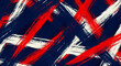 © Mansura - Abstract expressionist painting with bold red and white brushstrokes on navy.