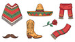 © MDRipon - Set of traditional Mexican items including a poncho, sombrero, boots, mustache, scarves, and a red rose flower.