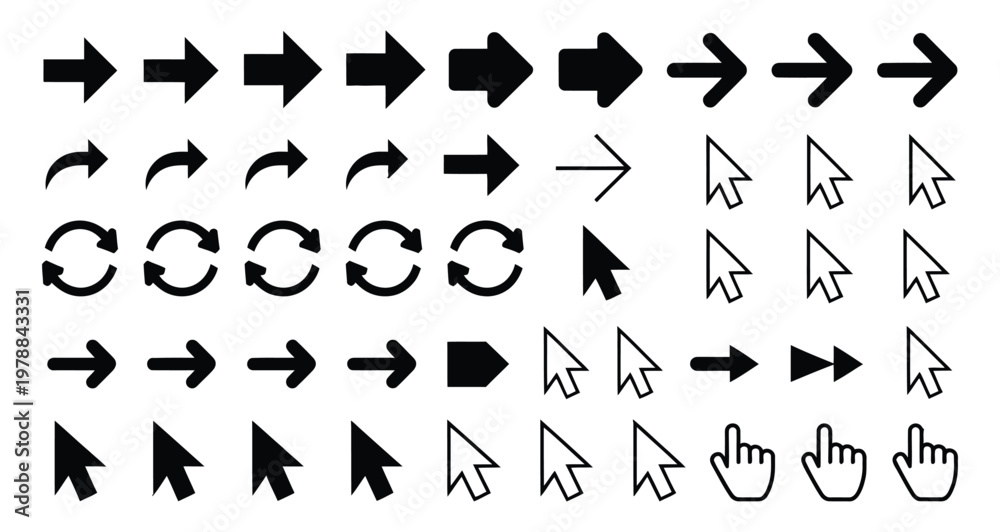 Collection of various computer mouse cursors and arrows on white ...