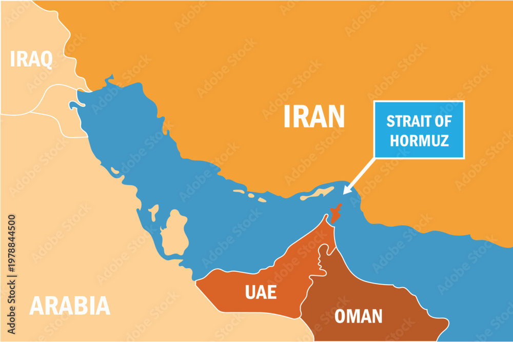 Map of the strait of Hormuz and surrounding countries in the middle ...