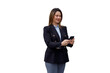 © PeopleVideos - Businesswoman using mobile phone for communication, networking, and technology, standing on a transparent background