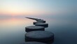 © Pete - Stepping stones cross calm water surface at sunset. Serene pathway leads toward horizon as sun sets over still ocean. Peaceful journey ahead towards new dawn.