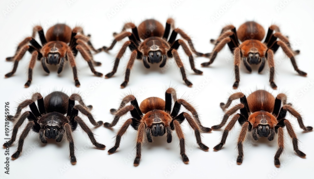 Six tarantulas arranged in two rows against white background. Two dark ...