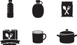 © Luu - Water food supply icons silhouette set bottle canteen ration box cup cooking pot survival bundle